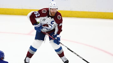 Jun 22, 2022; Tampa, Florida, USA; Colorado Avalanche left wing Gabriel Landeskog (92) against the Tampa Bay Lightning during game four of the 2022 Stanley Cup Final at Amalie Arena. Mandatory Credit: Mark J. Rebilas-Imagn Images