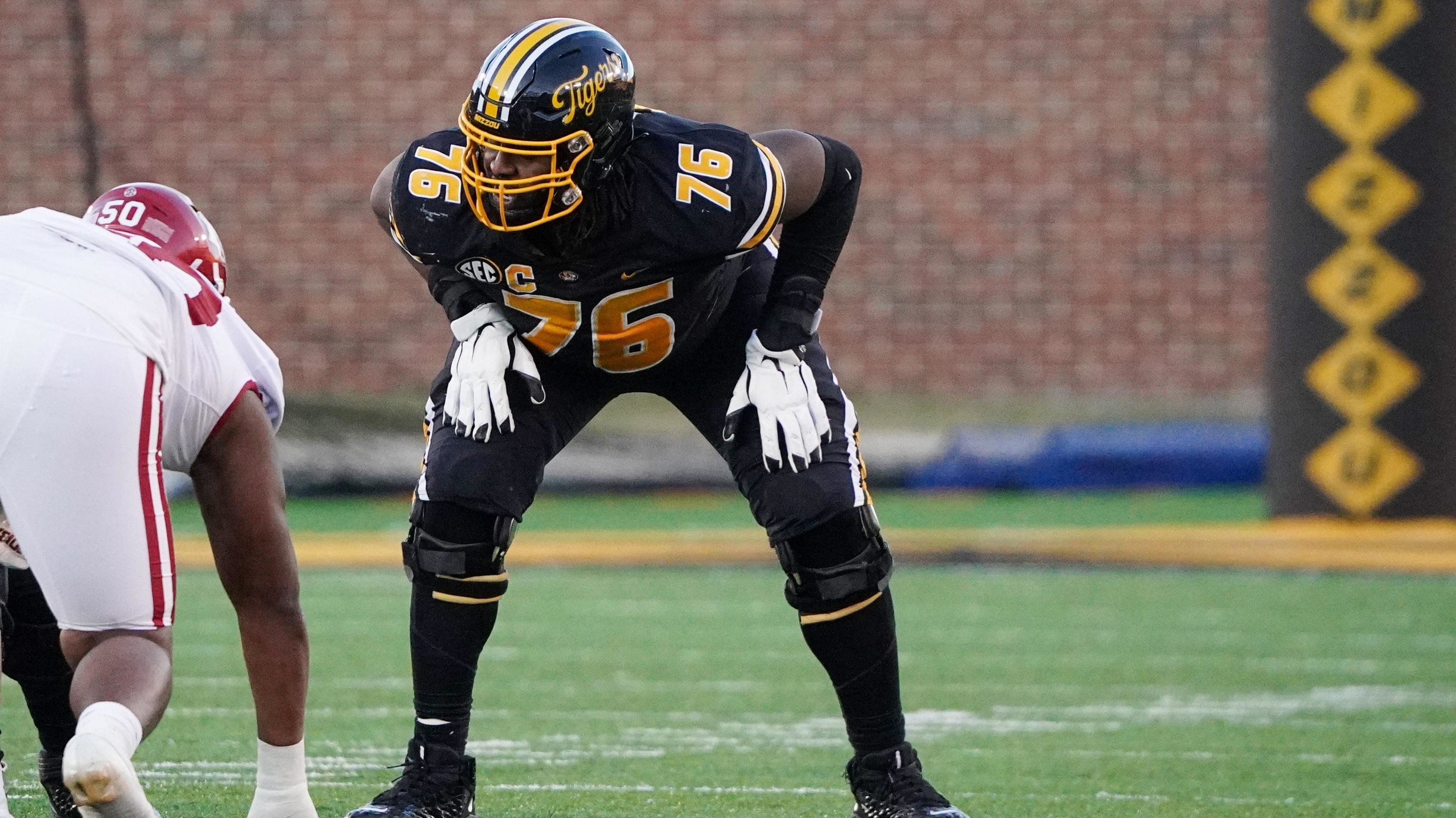 Missouri Tigers offensive lineman Javon Foster (76) awaits the snap.