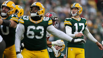 Green Bay Packers place kicker Anders Carlson (17) watches as his field goal attempt sails through the uprights against the Tampa Bay Buccaneers on Sunday, December 17, 2023, at Lambeau Field, Wis. Tampa Bay won the game, 34-20.
