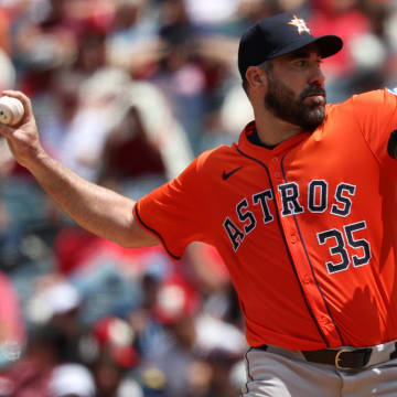 Jun 9, 2024; Anaheim, California, USA;  Houston Astros starting pitcher Justin Verlander (35) pitches during the third inning against the Los Angeles Angels at Angel Stadium.
