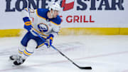 Dec 31 2023; Ottawa, Ontario, CAN; Buffalo Sabres defenseman Mattias Samuelsson (23) skates with the puck in the third period against the Ottawa Senators at the Canadian Tire Centre. Mandatory Credit: Marc DesRosiers-Imagn Images