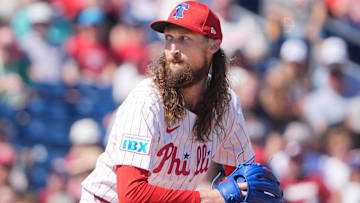 Feb 27, 2025; Clearwater, Florida, USA; Philadelphia Phillies pitcher Matt Strahm (25) throws a pitch against the New York Yankees during the third inning at BayCare Ballpark. 