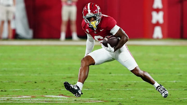 Sep 28, 2024; Tuscaloosa, Alabama, USA;  Alabama Crimson Tide wide receiver Kobe Prentice (6) runs the ball against the Georgia Bulldogs during the first half at Bryant-Denny Stadium. Mandatory Credit: John David Mercer-Imagn Images