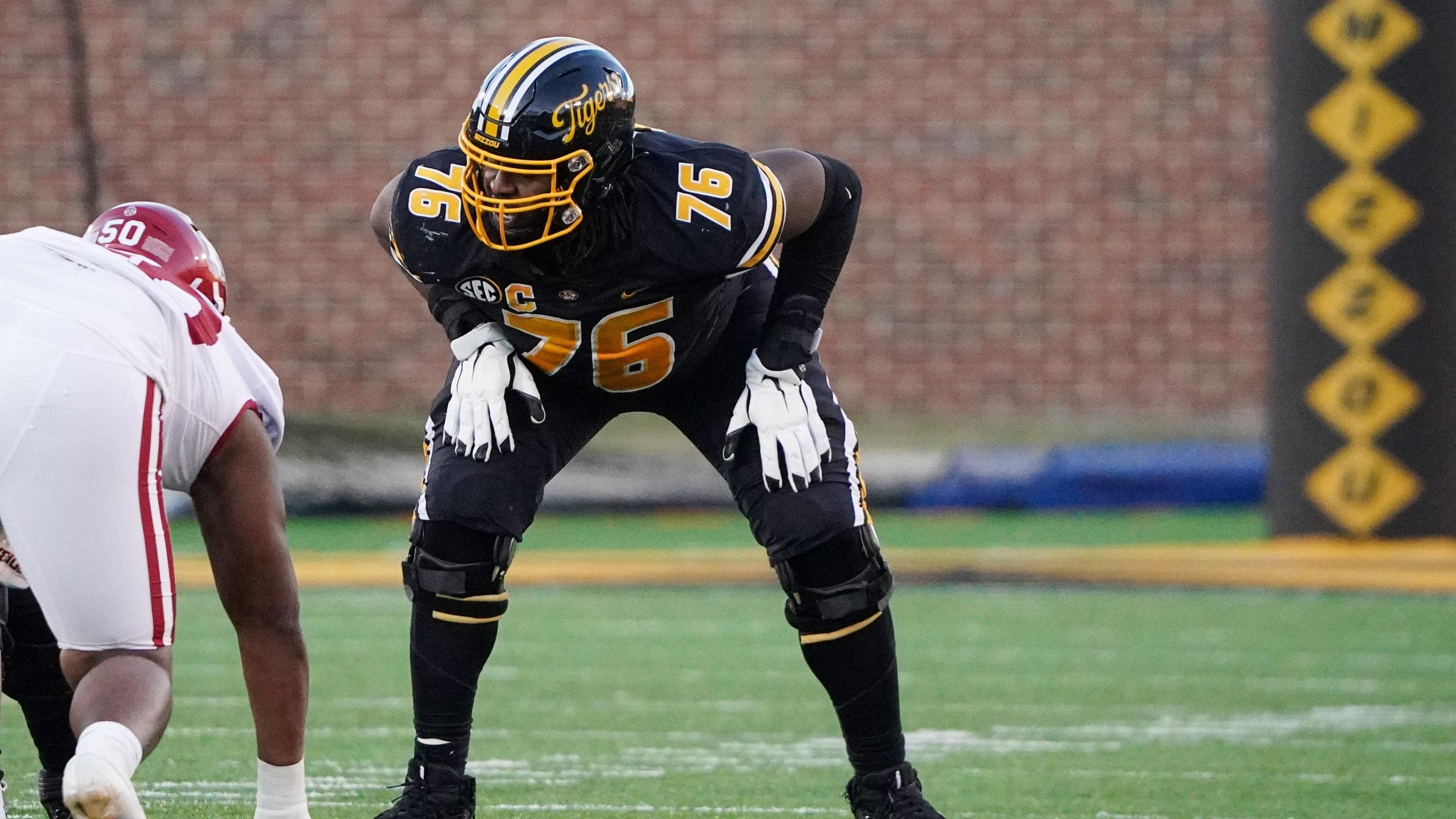 Missouri Tigers offensive lineman Javon Foster (76) awaits the snap.