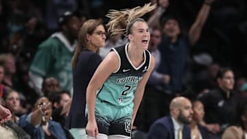 Jul 22, 2025; Brooklyn, New York, USA;  New York Liberty guard Sabrina Ionescu (20) celebrates after scoring in the fourth quarter against the Indiana Fever at Barclays Center. Mandatory Credit: Wendell Cruz-Imagn Images