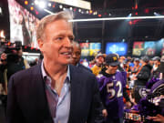 Apr 25, 2024; Detroit, MI, USA; NFL commissioner Roger Goodell walks through the crowd during the 2024 NFL Draft at Campus Martius Park and Hart Plaza. Mandatory Credit: Kirby Lee-USA TODAY Sports