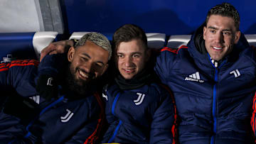 Recent familiar faces on the Juventus bench, left to right, are Douglas Luiz, Francisco Conceicao and Dusan Vlahovic