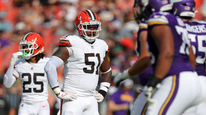 Cleveland Browns defensive tackle Mike Hall Jr. (51) waits to lineup before a play during the first half of an NFL preseason football game against the Minnesota Vikings at Cleveland Browns Stadium, Saturday, Aug. 17, 2024, in Cleveland, Ohio.