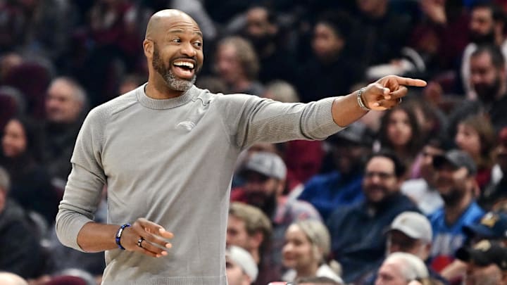 Orlando Magic head coach Jamahl Mosley reacts after a basket during the first quarter against the Cleveland Cavaliers at Rocket Mortgage FieldHouse.