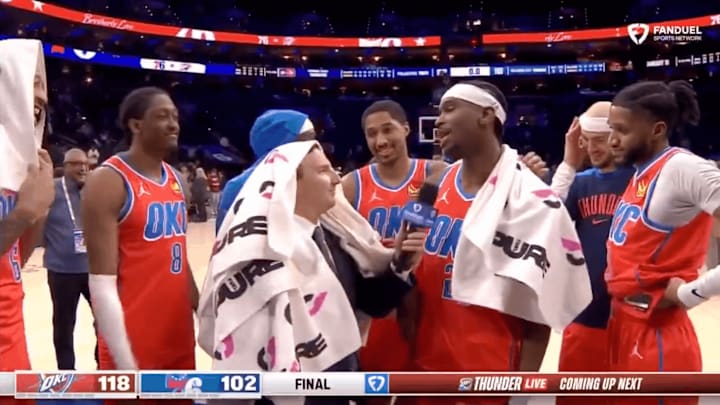 Oklahoma City Thunder players mess with their sideline reporter, Nick Gallo. Oklahoma City Thunder players mess with their sideline reporter, Nick Gallo.