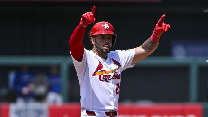 Jul 31, 2024; St. Louis, Missouri, USA;  St. Louis Cardinals right fielder Tommy Pham (29) reacts after hitting a two run double against the Texas Rangers during the fifth inning at Busch Stadium. Mandatory Credit: Jeff Curry-USA TODAY Sports