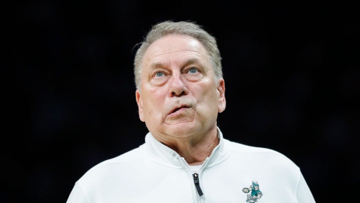 Michigan State head coach Tom Izzo reacts to a play against North Carolina during the second half of the NCAA tournament West Region second round at Spectrum Center in Charlotte, N.C. on Saturday, March 23, 2024.