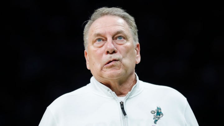 Michigan State head coach Tom Izzo reacts to a play against North Carolina during the second half of the NCAA tournament West Region second round at Spectrum Center in Charlotte, N.C. on Saturday, March 23, 2024.