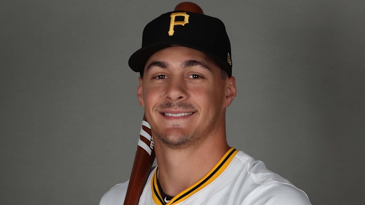Feb 18, 2025; Bradenton, FL, USA; Pittsburgh Pirates infielder Konnor Griffin (85) poses for a photo during media day at Pirate City. Mandatory Credit: Kim Klement Neitzel-Imagn Images