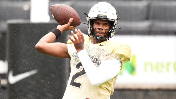 Apr 27, 2024; Boulder, CO, USA; Colorado Buffaloes quarterback Shedeur Sanders (2) warms up during a spring game event at Folsom Field.