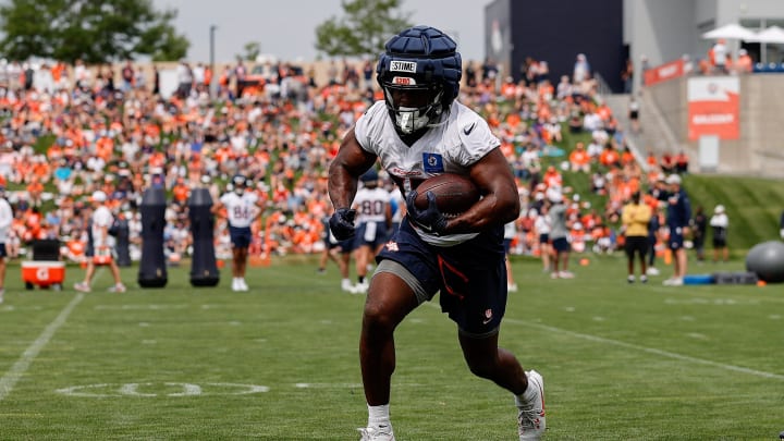 Jul 26, 2024; Englewood, CO, USA; Denver Broncos running back Audric Estime (37) during training camp at Broncos Park Powered by CommonSpirit. 