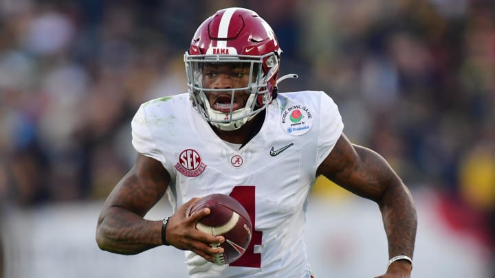 Jan 1, 2024; Pasadena, CA, USA; Alabama Crimson Tide quarterback Jalen Milroe (4) runs against the Michigan Wolverines in the third quarter in the 2024 Rose Bowl college football playoff semifinal game at Rose Bowl. Mandatory Credit: Gary A. Vasquez-USA TODAY Sports