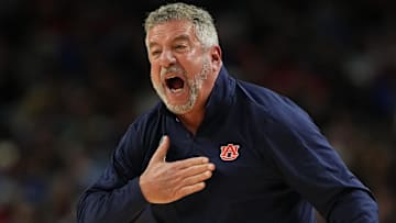 Auburn Tigers head coach Bruce Pearl reacts after a play against the Florida Gators during the second half in the semifinals of the men's Final Four of the 2025 NCAA Tournament at the Alamodome.