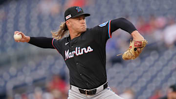 Jun 14, 2024; Washington, District of Columbia, USA; Miami Marlins starting pitcher Shaun Anderson (48) throws the ball against the Washington Nationals during the first inning at Nationals Park. Mandatory Credit: Amber Searls-Imagn Images
