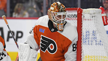 Mar 4, 2025; Philadelphia, Pennsylvania, USA; Philadelphia Flyers goaltender Ivan Fedotov (82) against the Calgary Flames at Wells Fargo Center. Mandatory Credit: Eric Hartline-Imagn Images