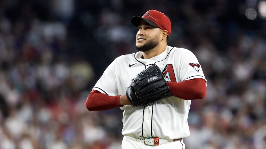 May 10, 2026; Phoenix, Arizona, USA; Arizona Diamondbacks pitcher Eduardo Rodriguez in the ninth inning against the New York Mets at Chase Field. Mandatory Credit: Mark J. Rebilas-Imagn Images
