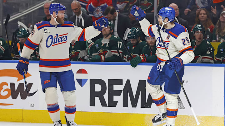 Jan 31, 2026; Edmonton, Alberta, CAN; The Edmonton Oilers celebrate a goal scored by forward Leon Draisaitl (29) during the first period against the Minnesota Wild at Rogers Place. Mandatory Credit: Perry Nelson-Imagn Images