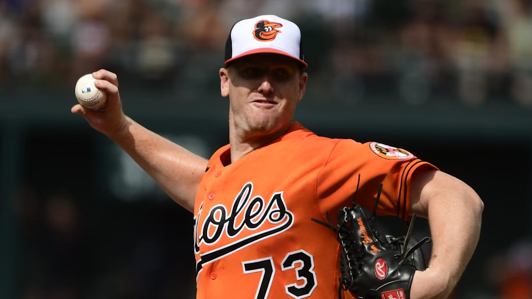Jul 10, 2021; Baltimore, Maryland, USA; Baltimore Orioles starting pitcher Thomas Eshelman (73) delivers second inning pitch against the Chicago White Sox  at Oriole Park at Camden Yards. Mandatory Credit: Tommy Gilligan-Imagn Images