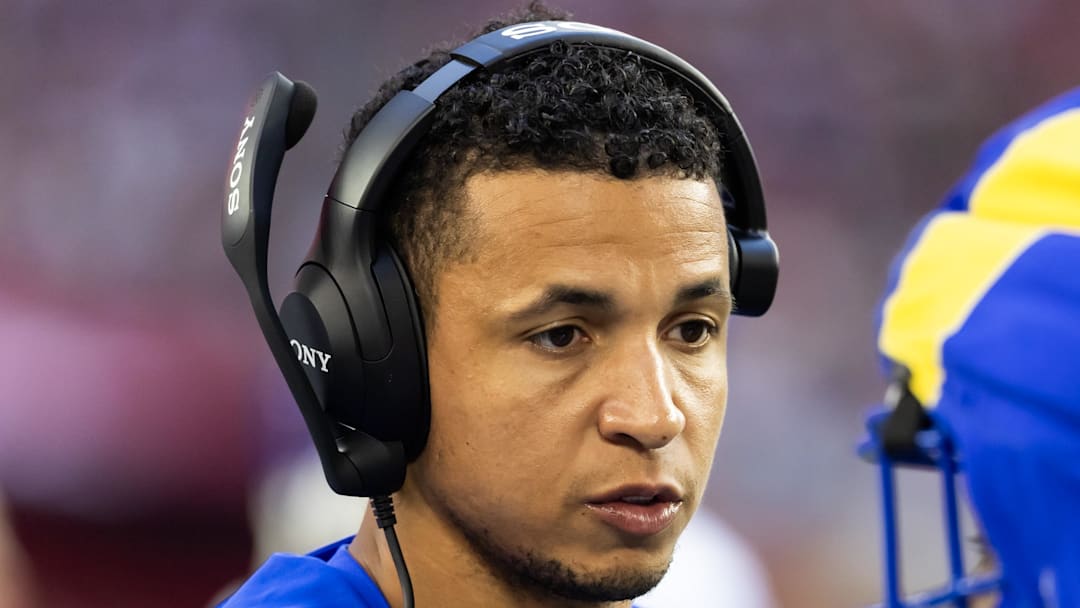 Dec 7, 2025; Glendale, Arizona, USA; Los Angeles Rams  pass game coordinator Nate Scheelhaase against the Arizona Cardinals at State Farm Stadium. Mandatory Credit: Mark J. Rebilas-Imagn Images