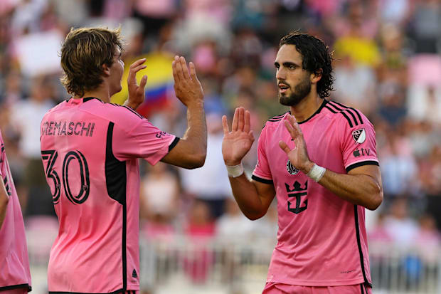 Benjamin Cremaschi and Leo Campana celebrate after a goa