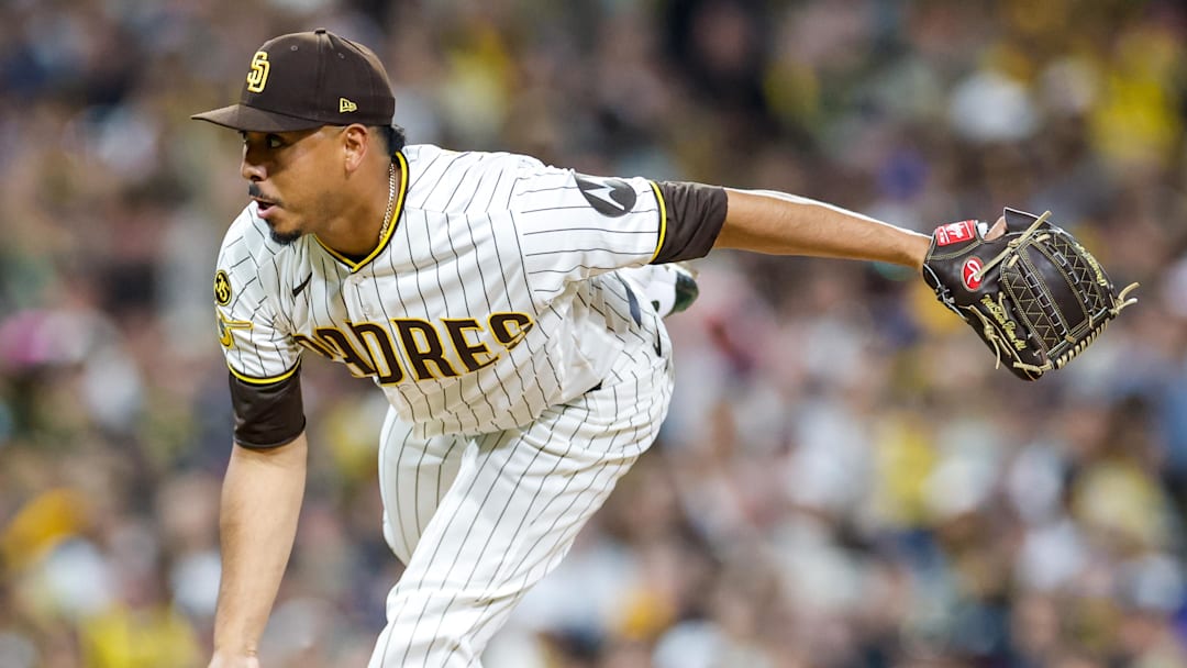 Mar 27, 2026; San Diego, California, USA; San Diego Padres relief pitcher Jeremiah Estrada (56) throws a pitch during the eighth inning against the Detroit Tigers at Petco Park. Mandatory Credit: David Frerker-Imagn Images Mar 27, 2026; San Diego, California, USA; San Diego Padres relief pitcher Jeremiah Estrada (56) throws a pitch during the eighth inning against the Detroit Tigers at Petco Park. Mandatory Credit: David Frerker-Imagn Images