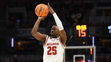 Mar 13, 2025; Indianapolis, IN, USA; Wisconsin Badgers guard John Blackwell (25) shoots during the first half against the Northwestern Wildcats at Gainbridge Fieldhouse. 