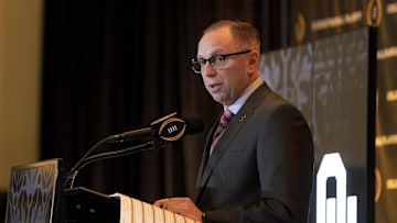 Dec 8, 2019; Grapevine, TX, USA; College football playoff selection committee chairman Rob Mullens speaks to the media during selection Sunday at the Gaylord Texan hotel. Mandatory Credit: Kevin Jairaj-Imagn Images