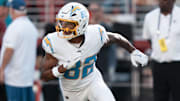 August 23, 2025; Santa Clara, California, USA; Los Angeles Chargers wide receiver Brenden Rice (82) warms up before the game against the San Francisco 49ers at Levi's Stadium. Mandatory Credit: Kyle Terada-Imagn Images