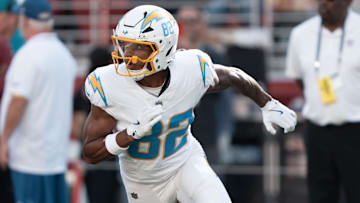August 23, 2025; Santa Clara, California, USA; Los Angeles Chargers wide receiver Brenden Rice (82) warms up before the game against the San Francisco 49ers at Levi's Stadium. Mandatory Credit: Kyle Terada-Imagn Images