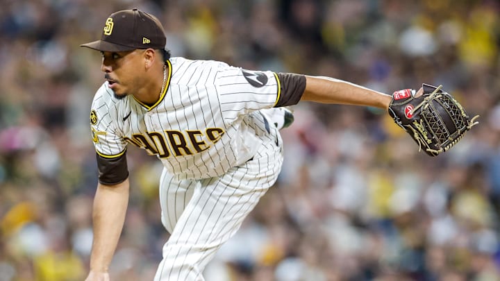 Jeremiah Estrada (56) throws a pitch during the eighth inning against the Detroit Tigers at Petco Park. 