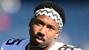 Cleveland Browns defensive end Myles Garrett looks on during warm up prior to the game against the New England Patriots.