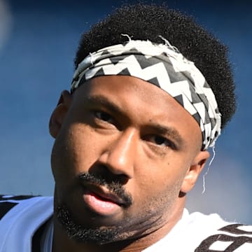 Cleveland Browns defensive end Myles Garrett looks on during warm up prior to the game against the New England Patriots.