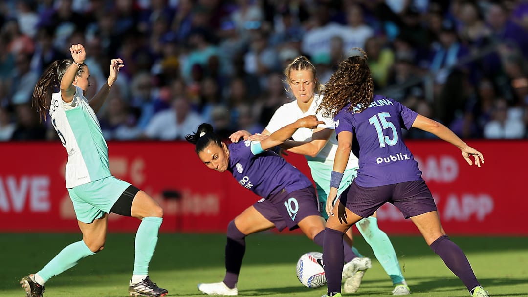 The Orlando Pride facing the Kansas City Current in the 2024 NWSL playoffs.