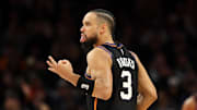 Nov 21, 2025; Phoenix, Arizona, USA; Phoenix Suns forward Dillon Brooks (3) celebrates a three point shot against the Minnesota Timberwolves in the first half of an NBA Cup game at Mortgage Matchup Center. Mandatory Credit: Mark J. Rebilas-Imagn Images