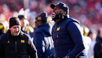 Michigan head coach Sherrone Moore celebrates a play against Ohio State during the second half at Ohio Stadium in Columbus, Ohio on Saturday, Nov. 30, 2024.