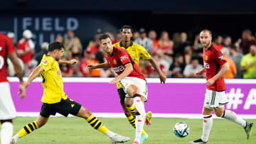 Jul 30, 2023; Las Vegas, Nevada, USA;  Manchester United defender Diogo Dalot (20) kicks the ball during the first half against Borussia Dortmund at Allegiant Stadium. Mandatory Credit: Lucas Peltier-USA TODAY Sports