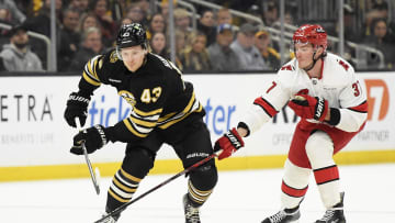 Apr 9, 2024; Boston, Massachusetts, USA; Boston Bruins center Danton Heinen (43) tries to gain control of the puck ahead of Carolina Hurricanes right wing Andrei Svechnikov (37) during the first period at TD Garden. Mandatory Credit: Bob DeChiara-USA TODAY Sports