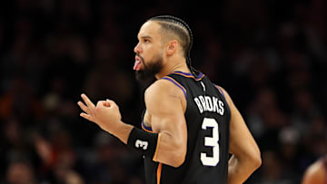 Nov 21, 2025; Phoenix, Arizona, USA; Phoenix Suns forward Dillon Brooks (3) celebrates a three point shot against the Minnesota Timberwolves in the first half of an NBA Cup game at Mortgage Matchup Center. Mandatory Credit: Mark J. Rebilas-Imagn Images