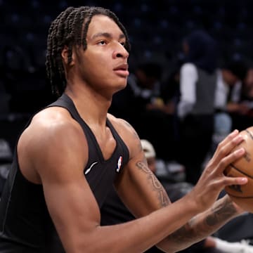 Apr 10, 2024; Brooklyn, New York, USA; Brooklyn Nets forward Noah Clowney (21) warms up before a game against the Toronto Raptors at Barclays Center. Mandatory Credit: Brad Penner-Imagn Images