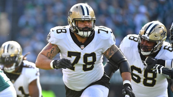 Jan 1, 2023; Philadelphia, Pennsylvania, USA; New Orleans Saints center Erik McCoy (78) against the Philadelphia Eagles at Lincoln Financial Field. Mandatory Credit: Eric Hartline-Imagn Images
