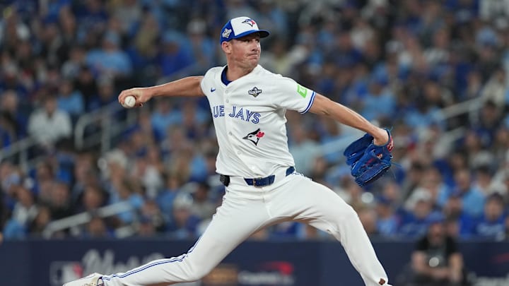 Oct 24, 2025; Toronto, Ontario, CAN; Toronto Blue Jays pitcher Chris Bassitt (40) pitches against the Los Angeles Dodgers in the eighth inning during game one of the 2025 MLB World Series at Rogers Centre. Mandatory Credit: Nick Turchiaro-Imagn Images