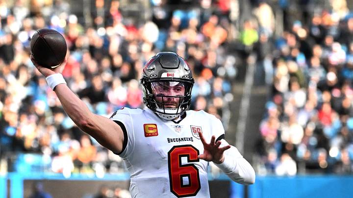 Dec 21, 2025; Charlotte, North Carolina, USA;  Tampa Bay Buccaneers quarterback Baker Mayfield (6) passes the ball in the third quarter at Bank of America Stadium. Mandatory Credit: Bob Donnan-Imagn Images
