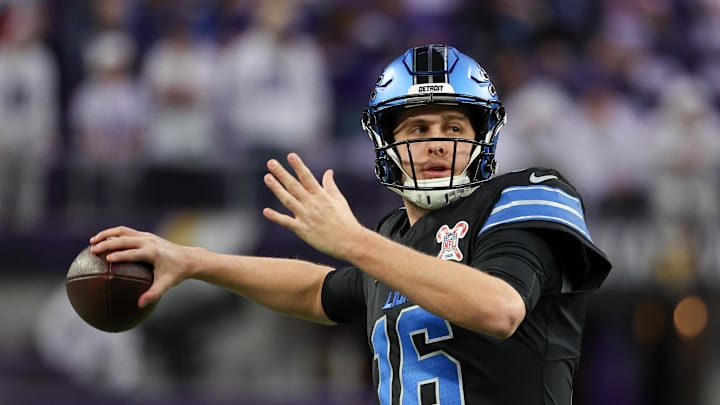 Dec 25, 2025; Minneapolis, Minnesota, USA; Detroit Lions quarterback Jared Goff (16) warms up before the game against the Minnesota Vikings at U.S. Bank Stadium. Mandatory Credit: Matt Krohn-Imagn Images