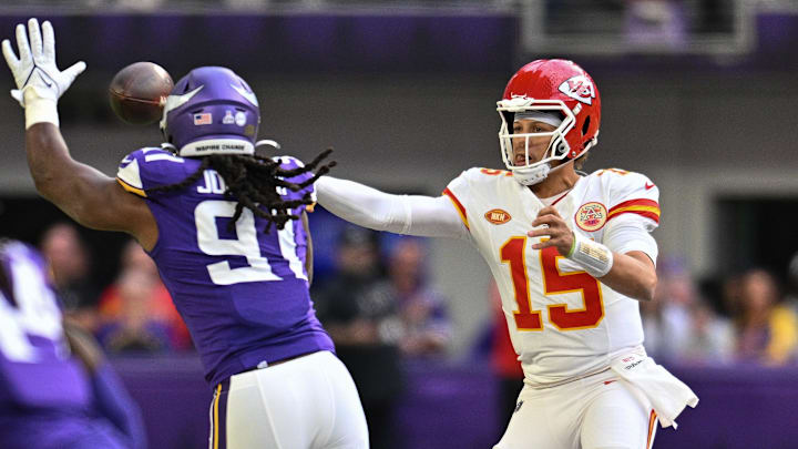 Oct 8, 2023; Minneapolis, Minnesota, USA; Kansas City Chiefs quarterback Patrick Mahomes (15) throws a pass as Minnesota Vikings linebacker Pat Jones II (91) defends during the second quarter at U.S. Bank Stadium. Mandatory Credit: Jeffrey Becker-Imagn Images Oct 8, 2023; Minneapolis, Minnesota, USA; Kansas City Chiefs quarterback Patrick Mahomes (15) throws a pass as Minnesota Vikings linebacker Pat Jones II (91) defends during the second quarter at U.S. Bank Stadium. Mandatory Credit: Jeffrey Becker-Imagn Images