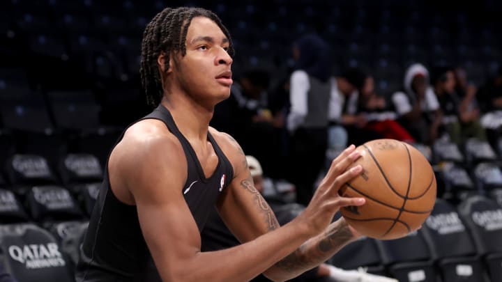 Apr 10, 2024; Brooklyn, New York, USA; Brooklyn Nets forward Noah Clowney (21) warms up before a game against the Toronto Raptors at Barclays Center. Mandatory Credit: Brad Penner-USA TODAY Sports